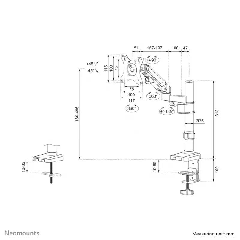Neomounts DS70-750BL1 Monitorarm 17-27 Zoll - Gasdruckfeder, Tischklemme/Tischdurchführung, 7 kg, 43,2 cm (17 Zoll), 68,6 cm (27 Zoll), 100 x 100 mm, Schwarz