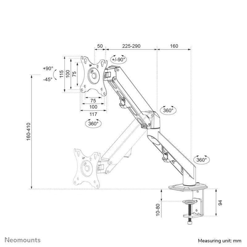 Neomounts DS70-700BL1 Monitorhalterung 17-27 Zoll - Gasfeder, Klemme, 7 kg, 43,2 cm (17 Zoll), 68,6 cm (27 Zoll), 100 x 100 mm, Schwarz