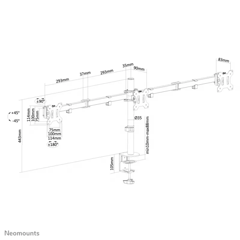 Neomounts FPMA-D550D3Schwarz Monitorhalterung 10-27 Zoll, Tischklemme/Tischdurchführung, 6 kg, 25,4 cm (10 Zoll), 68,6 cm (27 Zoll), 100 x 100 mm, Schwarz