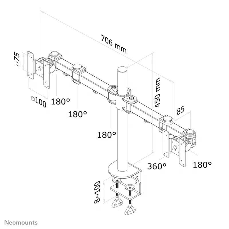 Neomounts FPMA-D960D Monitorarm 10-27 Zoll, Tischklemme, 8 kg, 25,4 cm (10 Zoll), 68,6 cm (27 Zoll), 100 x 100 mm, Schwarz