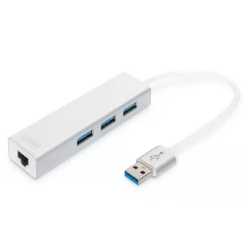 DIGITUS USB 3.0, 3-Port-Hub & Gigabit-LAN-Adapter 3xUSB A/F, 1xUSB A/M, 1xRJ45 LAN Unterstützt Windows und Mac OS