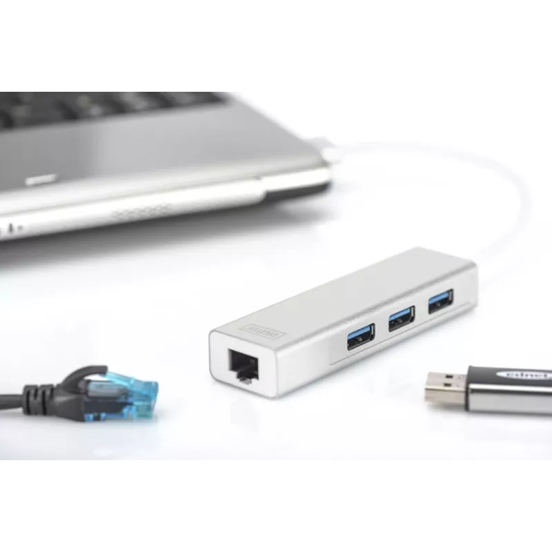 DIGITUS USB 3.0, 3-Port-Hub & Gigabit-LAN-Adapter 3xUSB A/F, 1xUSB A/M, 1xRJ45 LAN Unterstützt Windows und Mac OS