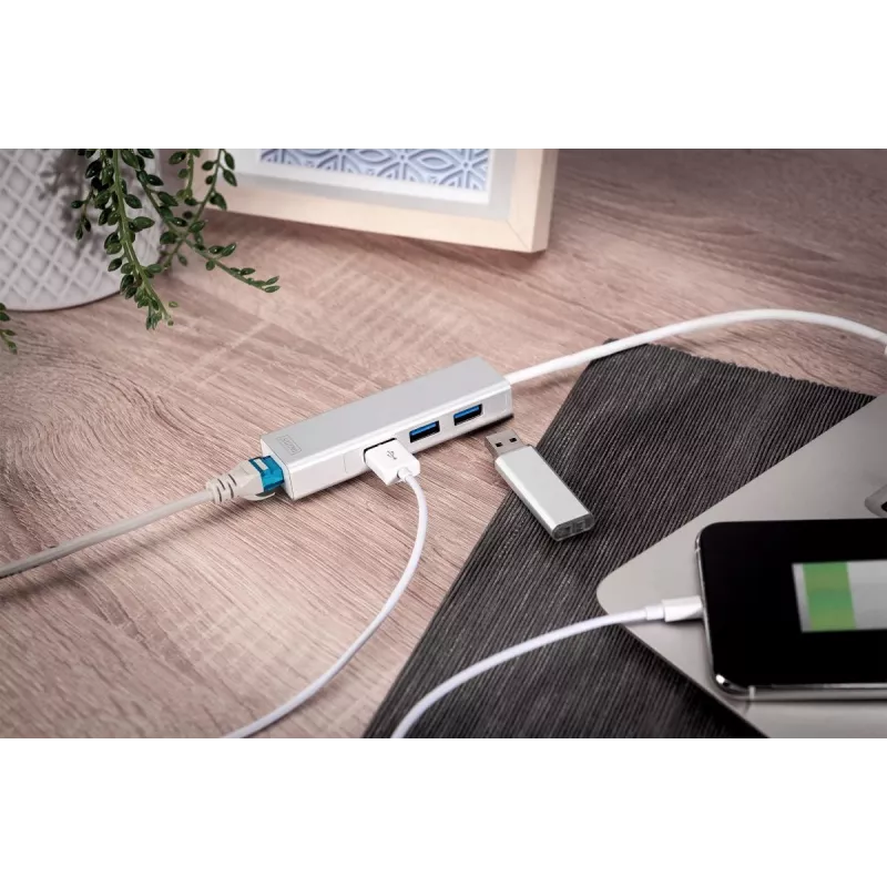 DIGITUS USB 3.0, 3-Port-Hub & Gigabit-LAN-Adapter 3xUSB A/F, 1xUSB A/M, 1xRJ45 LAN Unterstützt Windows und Mac OS