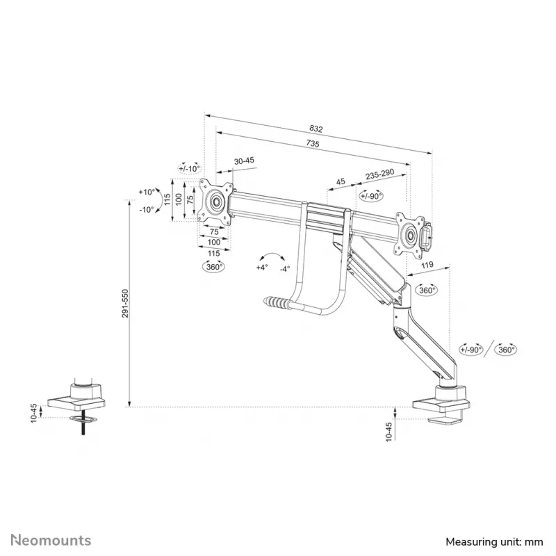 Neomounts DS75-450BL2 Monitorhalterung 17-32 Zoll - Gasfeder - Tischbefestigung - 180°-Stopp