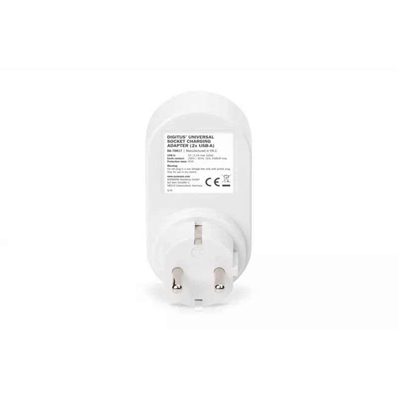 DIGITUS Netzteil mit 2 USB-Anschlüssen 250V, 50 Hz, USB: 5V, 2,1A, weiß / grau