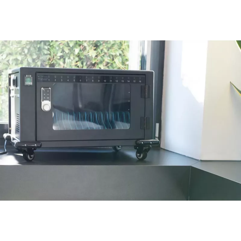 DIGITUS Ladeschrank, 16 Ladefächer, 35,6 cm (14 Zoll), schwarz 384 x 550 x 375 mm, elektr. Schloss, inkl. USB, Lüfter