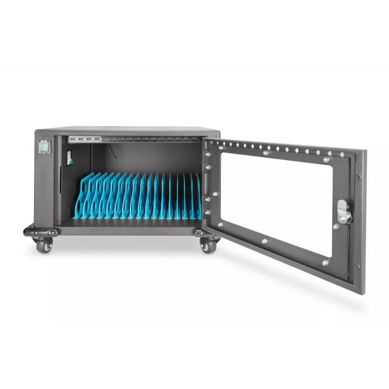 DIGITUS Ladeschrank, 16 Ladefächer, 35,6 cm (14 Zoll), schwarz 384 x 550 x 375 mm, elektr. Schloss, inkl. USB, Lüfter