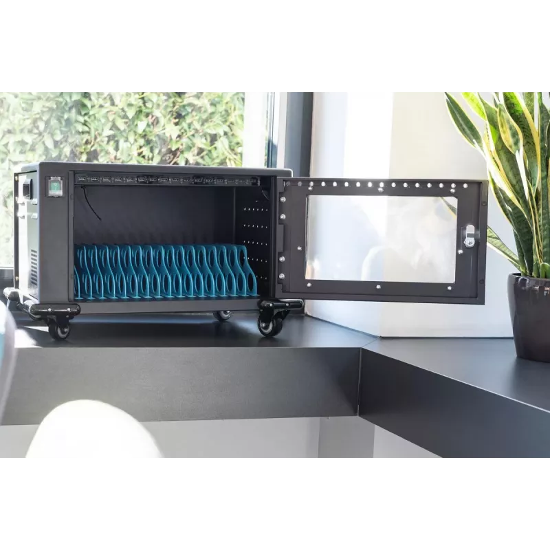 DIGITUS Ladeschrank, 16 Ladefächer, 35,6 cm (14 Zoll), schwarz 384 x 550 x 375 mm, elektr. Schloss, inkl. USB, Lüfter