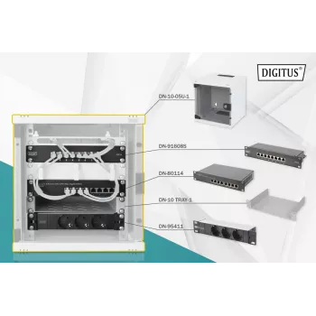 DIGITUS 10in Netzwerk-Bundle – 6U Schrank, graues Regal, PDU, 8-Port Switch, CAT6 Patchpanel