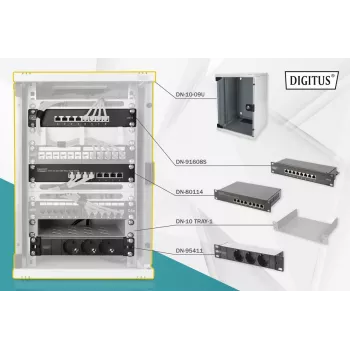 DIGITUS Netzwerk-Set 10in-9U 312x300mm Gehäuse Ablage PDU 8Port Patchpanel