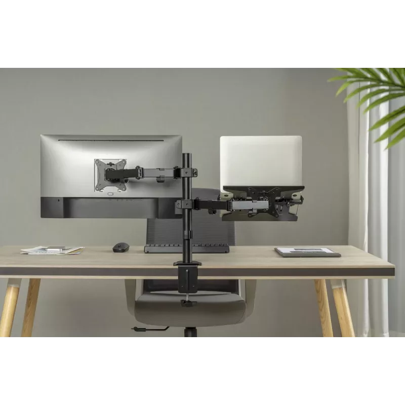 DIGITUS Monitorarm mit Notebook-Halterung 17-32 Zoll, 9 kg max. – Tischklemme oder Tülldurchführung