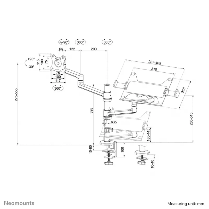 Neomounts DS20-425BL2 Monitorarm mit Laptop-Halterung 17-27 Zoll – platzsparend