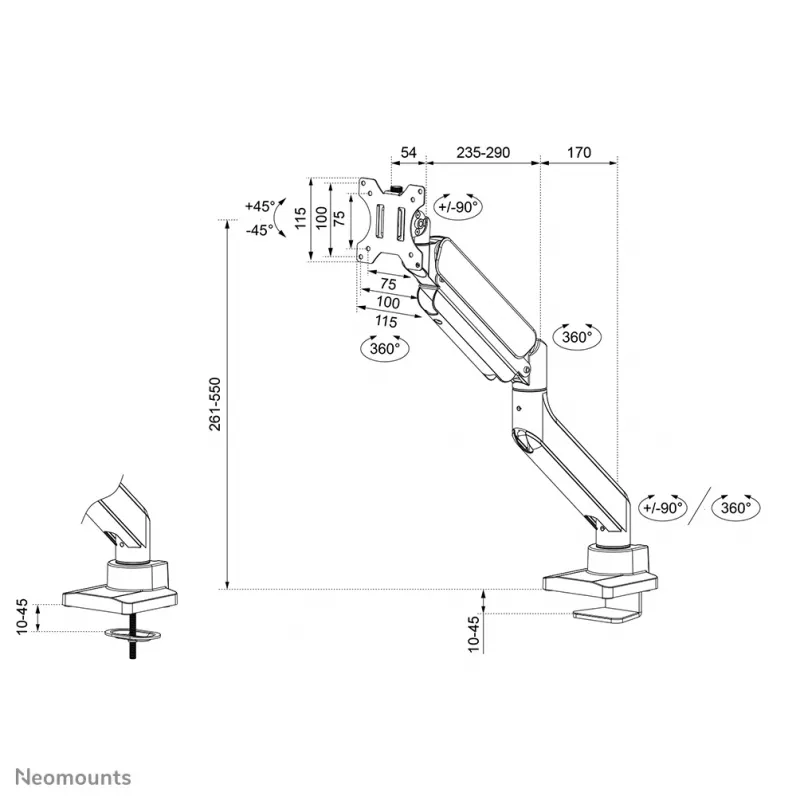 Neomounts DS70PLUS-450WH1 Monitorhalterung 17-49 Zoll - Gasdruckfeder - Tischklemme - 180°-Stopp