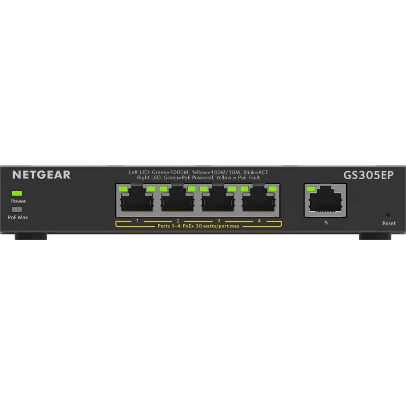 NETGEAR 5-Port Gigabit Ethernet PoE+ Plus Switch (GS305EP) Managed L2/L3 Gigabit Ethernet (10/100/1000) Power over Ethernet (PoE) Schwarz