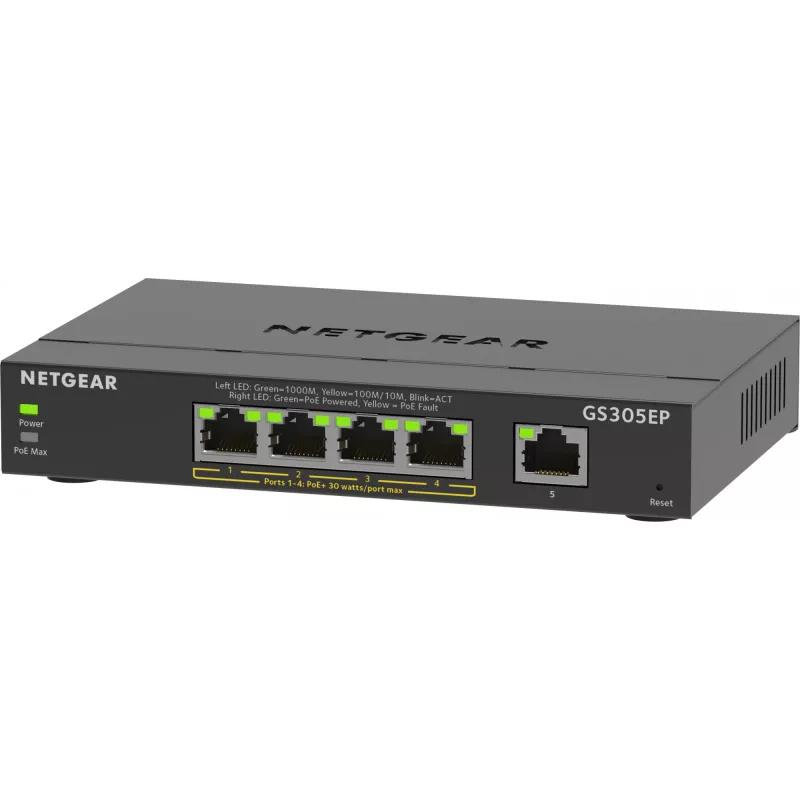 NETGEAR 5-Port Gigabit Ethernet PoE+ Plus Switch (GS305EP) Managed L2/L3 Gigabit Ethernet (10/100/1000) Power over Ethernet (PoE) Schwarz