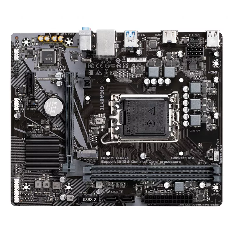 GIGABYTE H610M K DDR4 Motherboard - unterstützt Intel Core 14. Gen. CPUs, 3+1+1 Phasen Hybrides Leistungsdesign, bis zu 3200 MHz DDR4, 1x PCIe 3.0 M.2, GbE LAN, USB 3.2 Gen 1