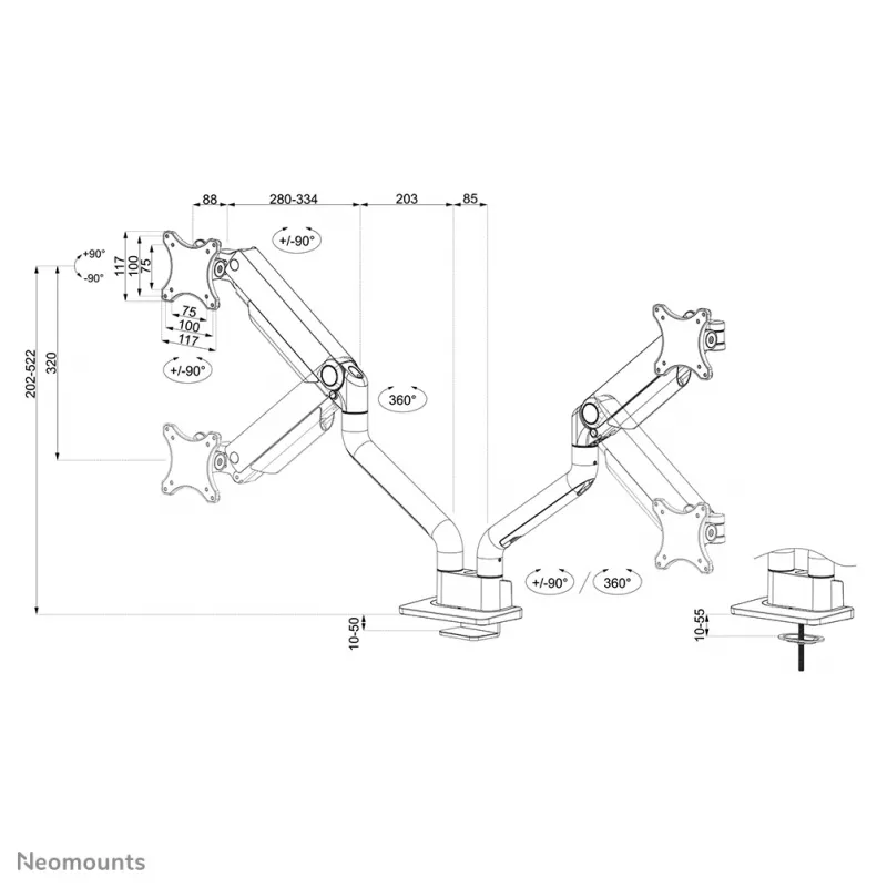 Neomounts DS70S-950WH2 Monitorarm 17-35 Zoll - Gasfeder - Topfix - 180°-Stopp