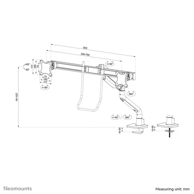 Neomounts DS75S-950BL2 Monitorarm 17-32 Zoll - Gasfeder - Topfix - 180°-Stopp