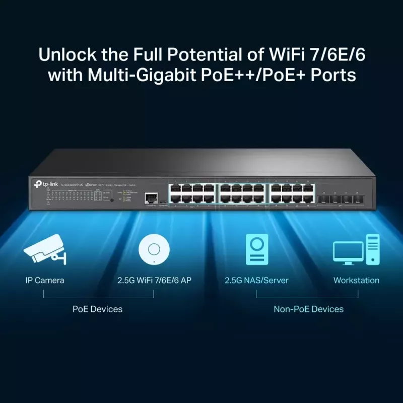 TP-Link Omada 24-Port 2.5GBASE-T und 4-Port 10GE SFP+ L2+ Managed Switch mit 16-Port PoE+ & 8-Port PoE++