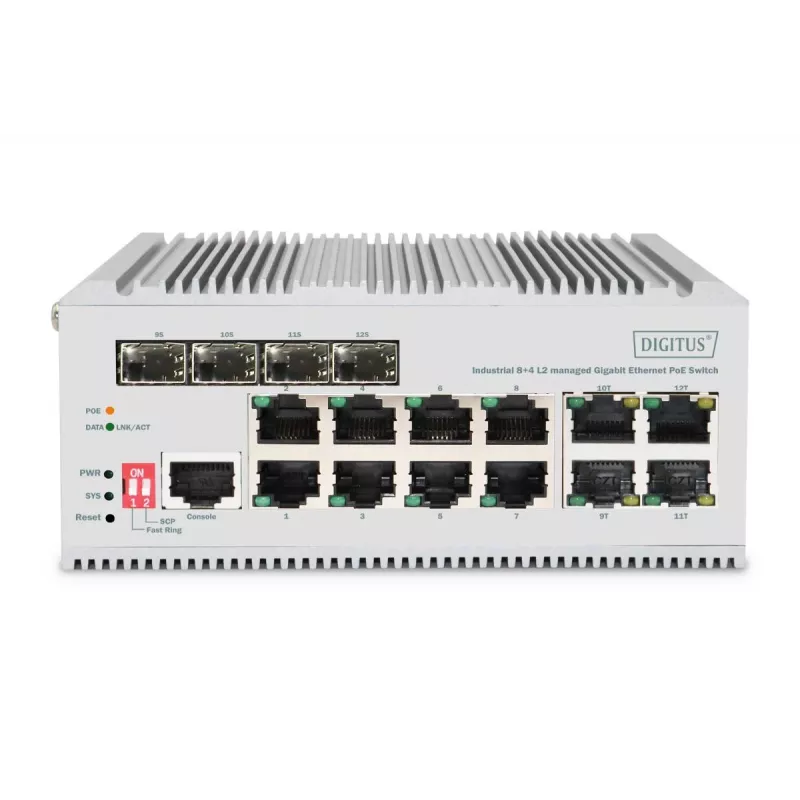 DIGITUS Gigabit Ethernet Netzwerk PoE Switch - 8 Port Industrial, L2 Managed, 4 SFP Uplink