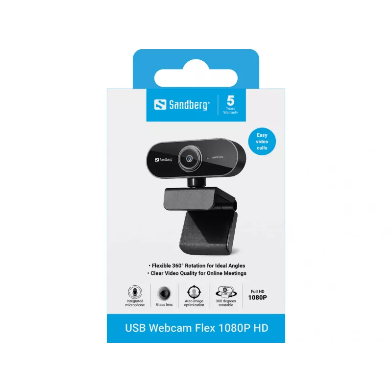 Sandberg USB Webcam Flex 1080P HD, 2 MP, 1920 x 1080 Pixel, Full HD, 30 fps, USB, Schwarz