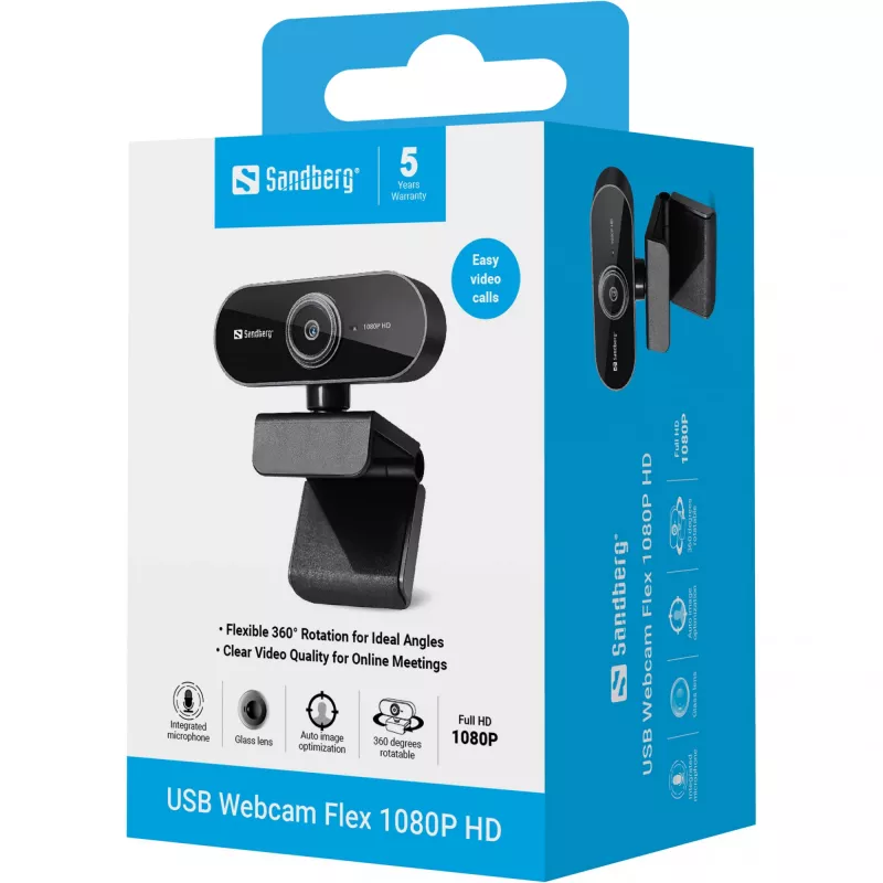 Sandberg USB Webcam Flex 1080P HD, 2 MP, 1920 x 1080 Pixel, Full HD, 30 fps, USB, Schwarz
