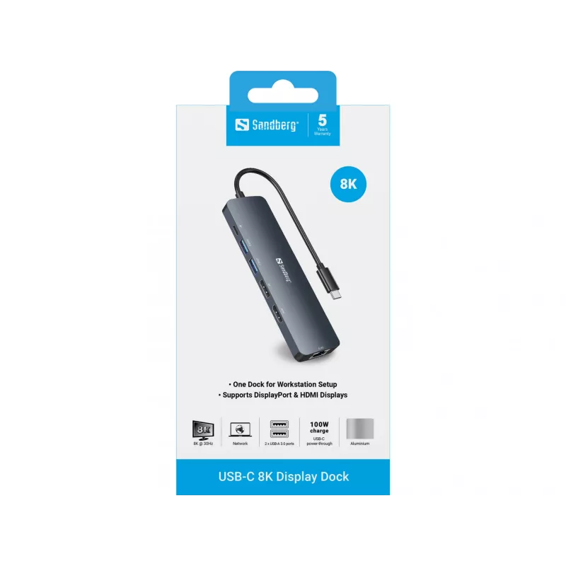 Sandberg USB-C 8K Display Dock USB 3.2 Gen 1 Typ-C 100W Power Delivery