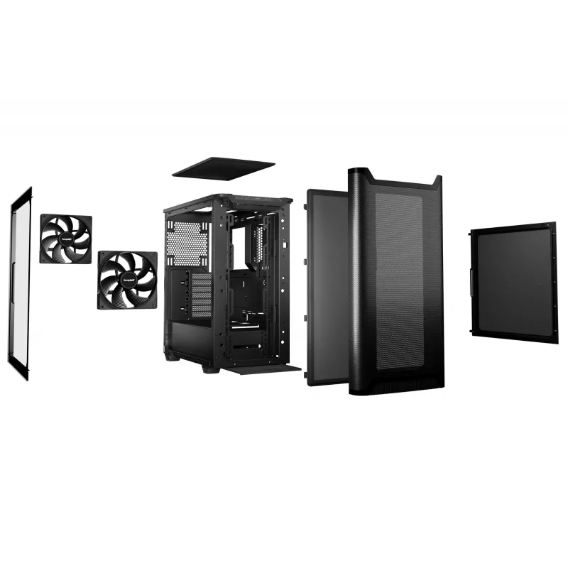 PC-Gehäuse bequiet! PURE BASE 501 Airflow Window MIDI Tower — ATX, gehärtetes Glas, 3x140/240 mm Unterstützung, 2x3,5 Zoll + 5x2,5 Zoll, USB-A x2, USB-C x1