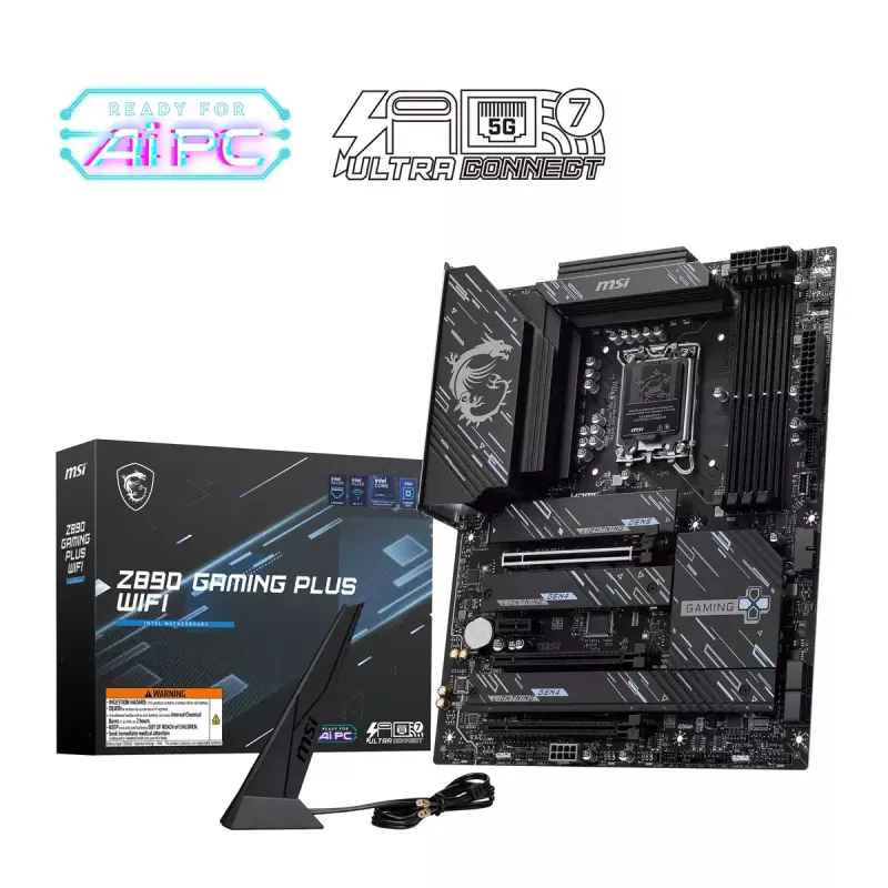 Mainboard MSI Z890 GAMING PLUS WIFI — Intel Z890, LGA 1851, ATX, DDR5, 4x DIMM, Wi‑Fi 7, 5Gb LAN, 4x M.2