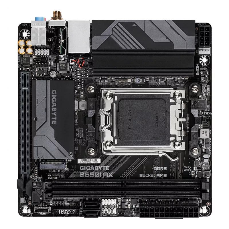 GIGABYTE B650I AX Mainboard - AMD Ryzen 9000 Series CPUs, 5+2+1 Phasen VRM, bis zu 6400 MHz DDR5 (OC), 1x PCIe 4.0 M.2, 2,5 GbE LAN, WLAN 6E, USB 3.2 Gen 2