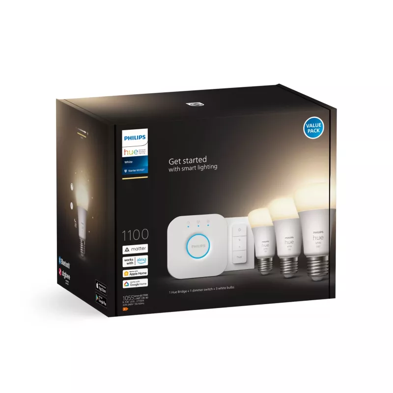 Philips Hue White Starterkit: 3 E27 Smart-Lampen (1100) + Dimmschalter