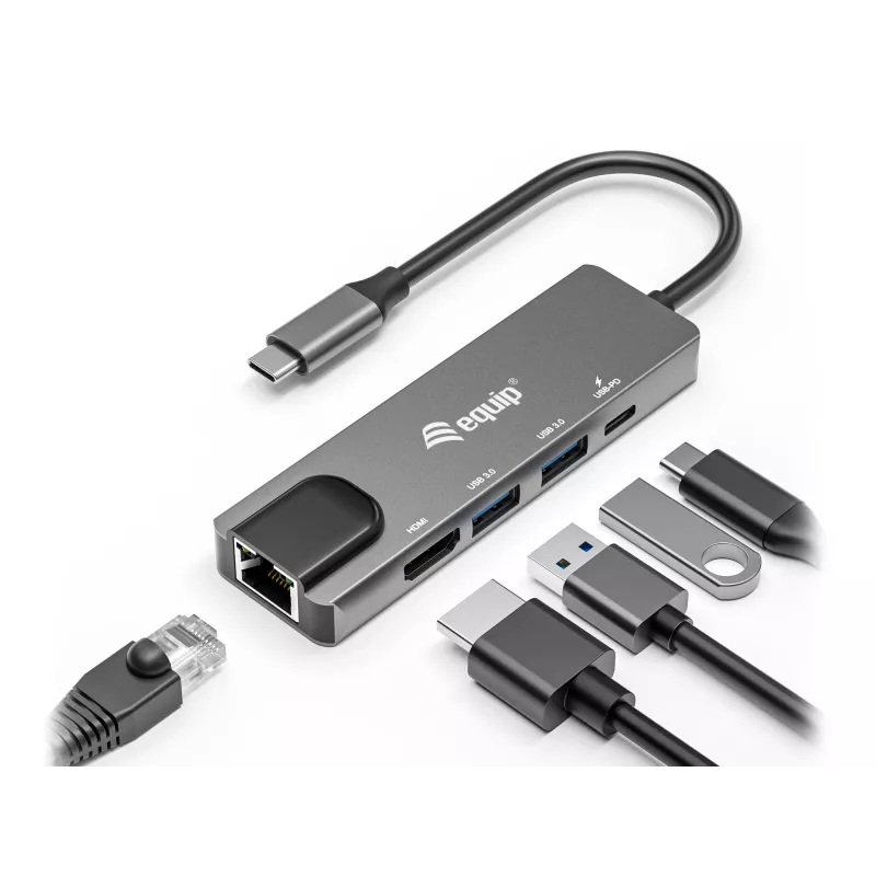 Equip USB-C 5-in-1 Multifunktionsadapter, HDMI, Gigabit-LAN, USB 3.2 Gen1, 100W USB PD