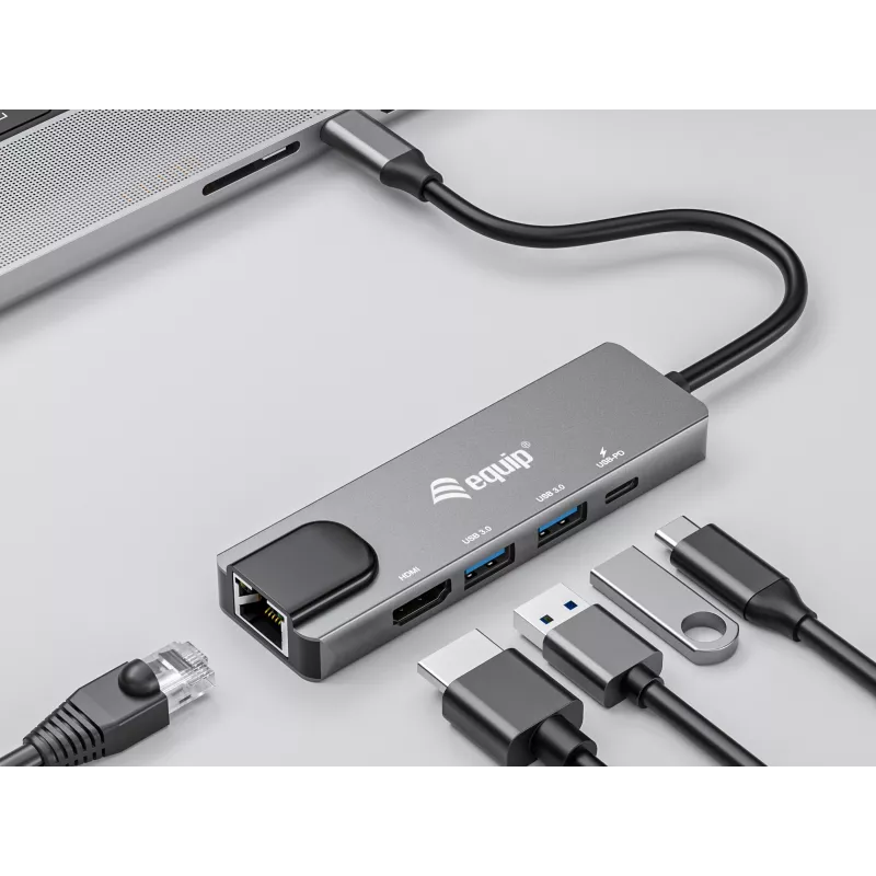 Equip USB-C 5-in-1 Multifunktionsadapter, HDMI, Gigabit-LAN, USB 3.2 Gen1, 100W USB PD