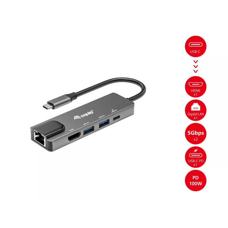 Equip USB-C 5-in-1 Multifunktionsadapter, HDMI, Gigabit-LAN, USB 3.2 Gen1, 100W USB PD