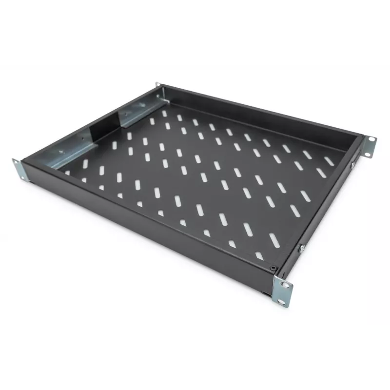 DIGITUS 1U feste Fachbodenablage, für 600 mm tiefe Schränke einstellbar, 350 mm Tiefe, Farbe schwarz (RAL 9005)