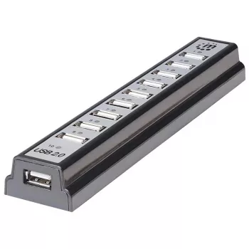 Manhattan USB-A 10-Port-Desktop-Hub, 10x USB-A-Ports, 480 Mbit/s (USB 2.0), Stromversorgung über USB oder externes Netzteil (nicht im Lieferumfang) für erhöhte Leistung an angeschlossenen Geräten