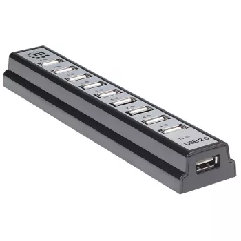 Manhattan USB-A 10-Port-Desktop-Hub, 10x USB-A-Ports, 480 Mbit/s (USB 2.0), Stromversorgung über USB oder externes Netzteil (nicht im Lieferumfang) für erhöhte Leistung an angeschlossenen Geräten