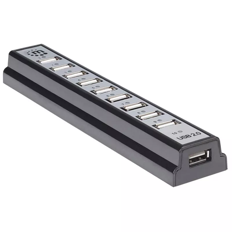 Manhattan USB-A 10-Port-Desktop-Hub, 10x USB-A-Ports, 480 Mbit/s (USB 2.0), Stromversorgung über USB oder externes Netzteil (nicht im Lieferumfang) für erhöhte Leistung an angeschlossenen Geräten