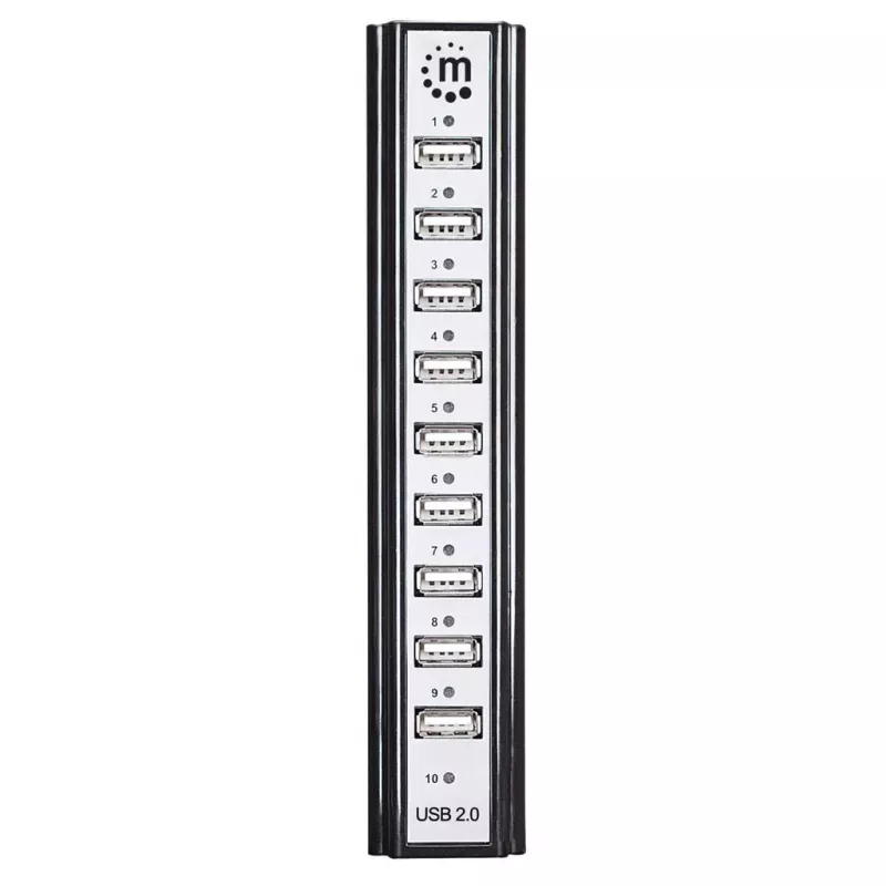 Manhattan USB-A 10-Port-Desktop-Hub, 10x USB-A-Ports, 480 Mbit/s (USB 2.0), Stromversorgung über USB oder externes Netzteil (nicht im Lieferumfang) für erhöhte Leistung an angeschlossenen Geräten