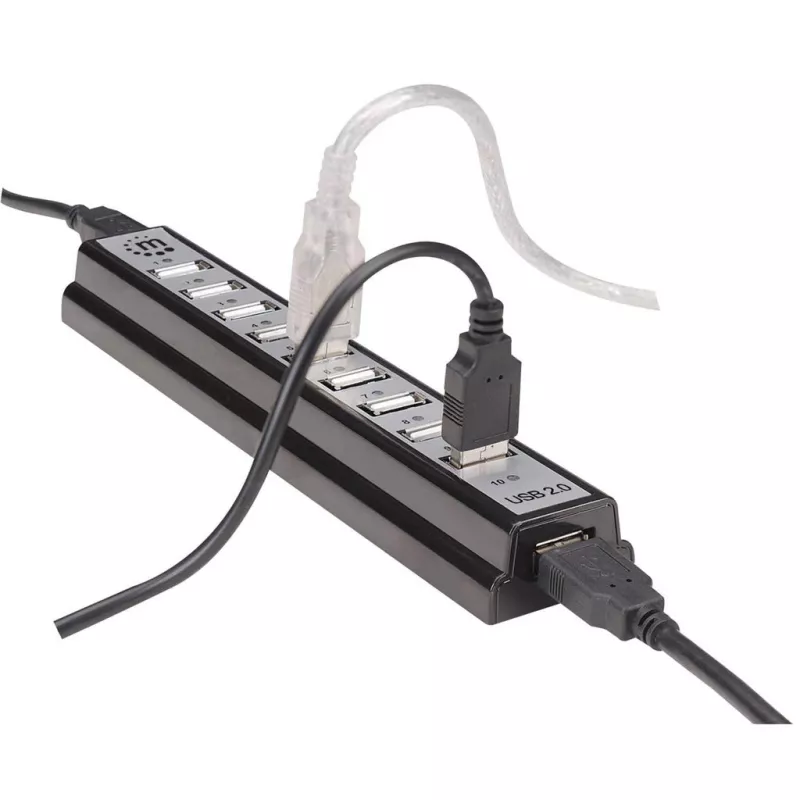 Manhattan USB-A 10-Port-Desktop-Hub, 10x USB-A-Ports, 480 Mbit/s (USB 2.0), Stromversorgung über USB oder externes Netzteil (nicht im Lieferumfang) für erhöhte Leistung an angeschlossenen Geräten