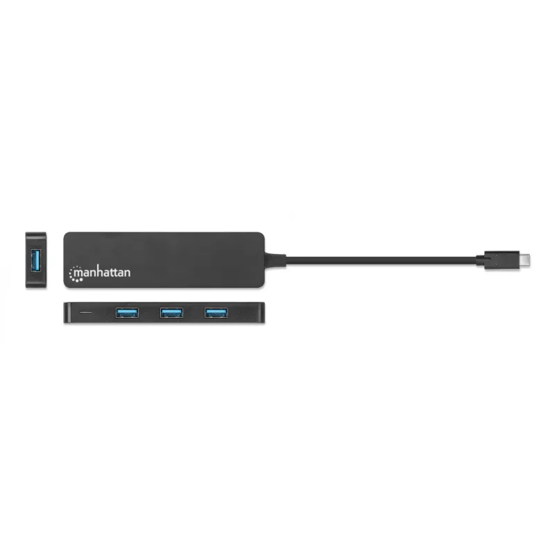Manhattan USB-C Dock/Hub, Anschlüsse (4): USB-A (x4), 5 Gbps (USB 3.2 Gen1 auch bekannt als USB 3.0), USB-gespeist (kein externes Netzteil erforderlich), Entspricht HB30CM4AB
