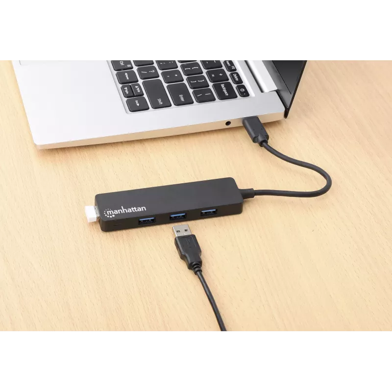 Manhattan USB-C Dock/Hub, Anschlüsse (4): USB-A (x4), 5 Gbps (USB 3.2 Gen1 auch bekannt als USB 3.0), USB-gespeist (kein externes Netzteil erforderlich), Entspricht HB30CM4AB