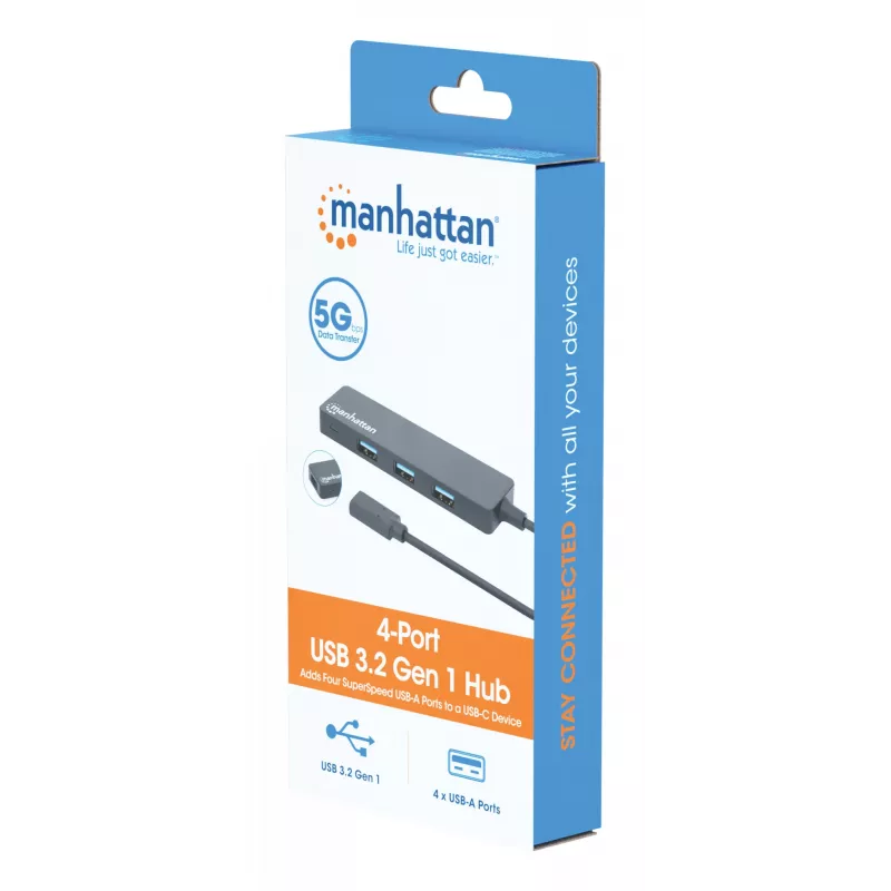 Manhattan USB-C Dock/Hub, Anschlüsse (4): USB-A (x4), 5 Gbps (USB 3.2 Gen1 auch bekannt als USB 3.0), USB-gespeist (kein externes Netzteil erforderlich), Entspricht HB30CM4AB