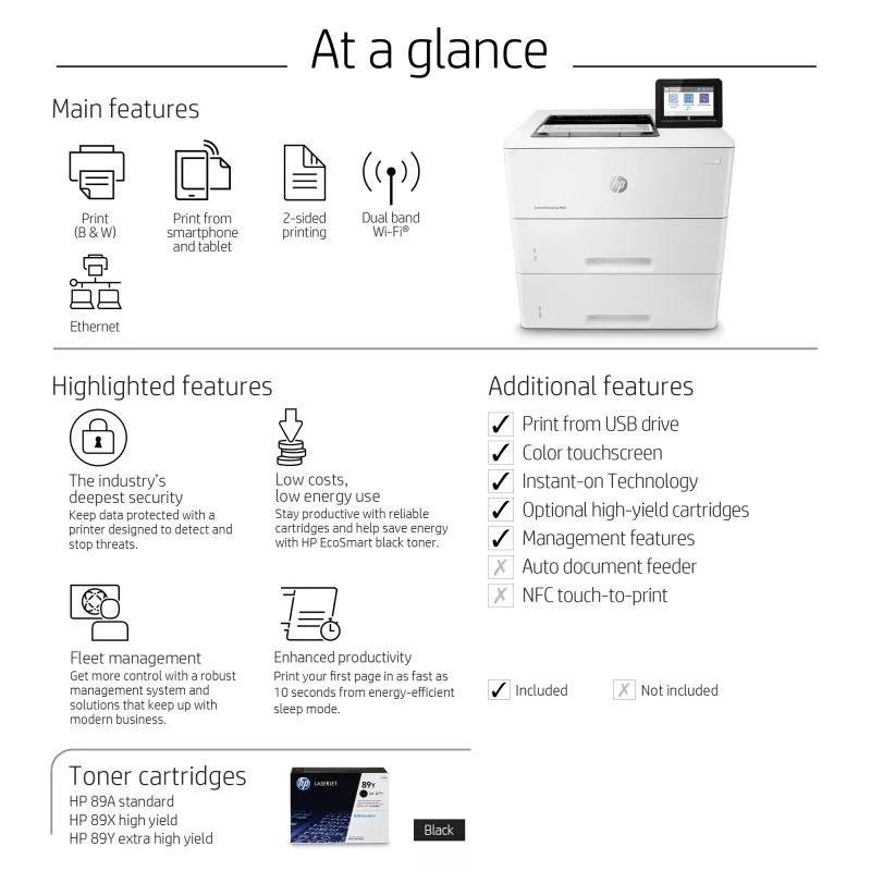 HP LaserJet Enterprise M507x, Laser, 1200 x 1200 DPI, A4, 43 ppm, Duplexdruck, netzwerkfähig