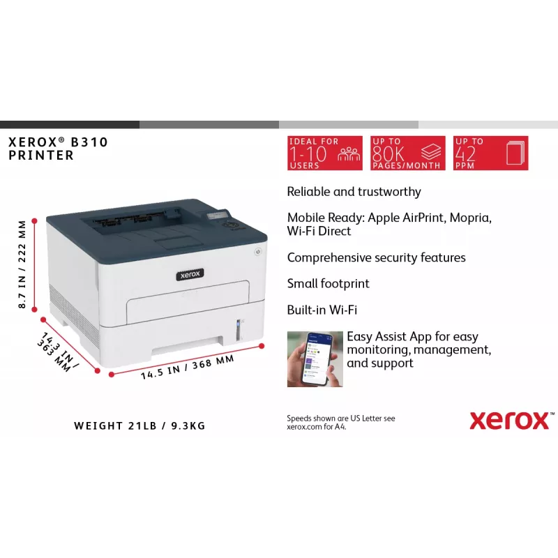 Xerox B310 A4 40ppm Wireless Duplex Printer PS3 PCL5e/6 2 Trays Total 350 Sheets