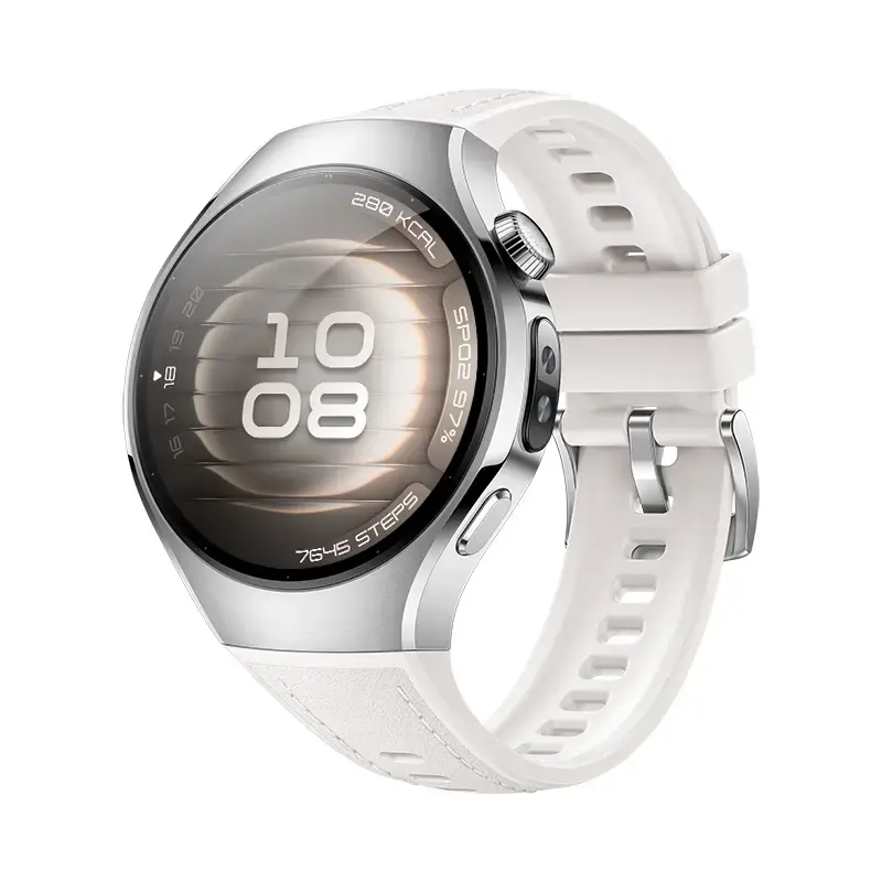Smartwatch HUAWEI WATCH 5 — rundes 42 mm Edelstahlgehäuse, 1,38 Zoll AMOLED, GPS, Bluetooth, 540 mAh Akku, beiges Gehäuse mit weißem Armband