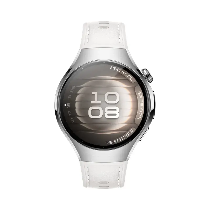 Smartwatch HUAWEI WATCH 5 — rundes 42 mm Edelstahlgehäuse, 1,38 Zoll AMOLED, GPS, Bluetooth, 540 mAh Akku, beiges Gehäuse mit weißem Armband