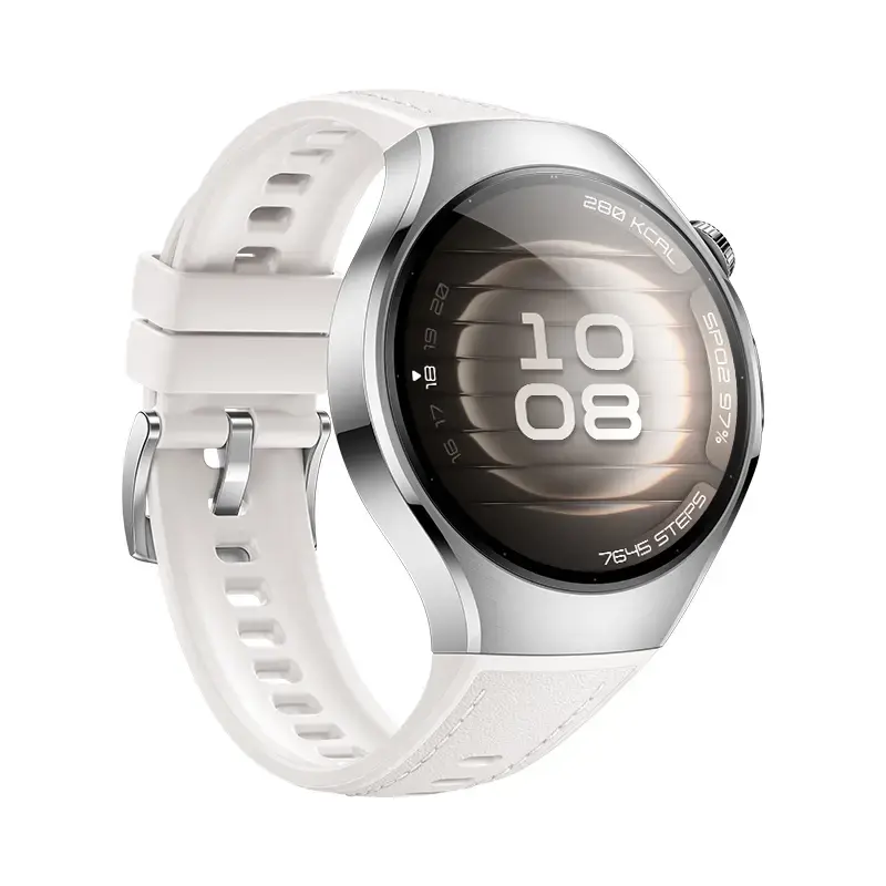 Smartwatch HUAWEI WATCH 5 — rundes 42 mm Edelstahlgehäuse, 1,38 Zoll AMOLED, GPS, Bluetooth, 540 mAh Akku, beiges Gehäuse mit weißem Armband