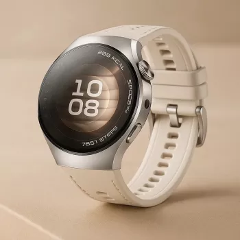 Smartwatch HUAWEI WATCH 5 — rundes 42 mm Edelstahlgehäuse, 1,38 Zoll AMOLED, GPS, Bluetooth, 540 mAh Akku, beiges Gehäuse mit weißem Armband