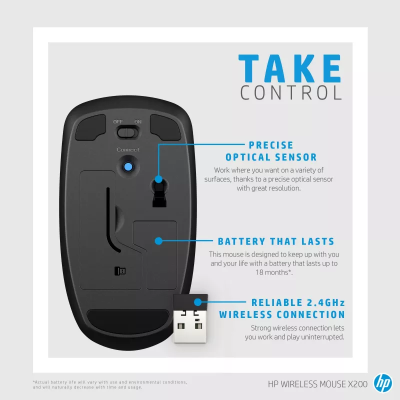 HP Wireless Mouse X200, beidhändig, optisch, RF-Funk, 1600 DPI, Schwarz